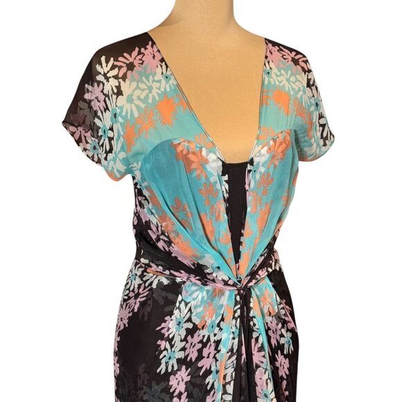 Diane von Furstenberg Floral Silk Dress Sz.6 Blue Brown Sort Sleeve Fairy Party - Picture 2 of 14